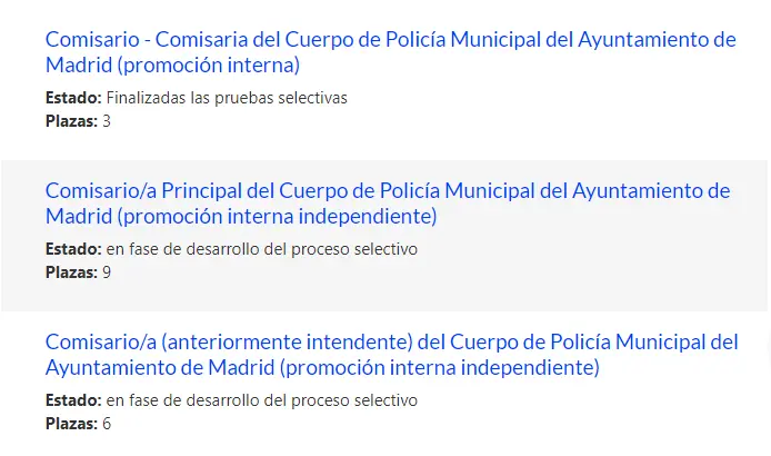 captura donde salen tres oposiciones de policia en promoción interna