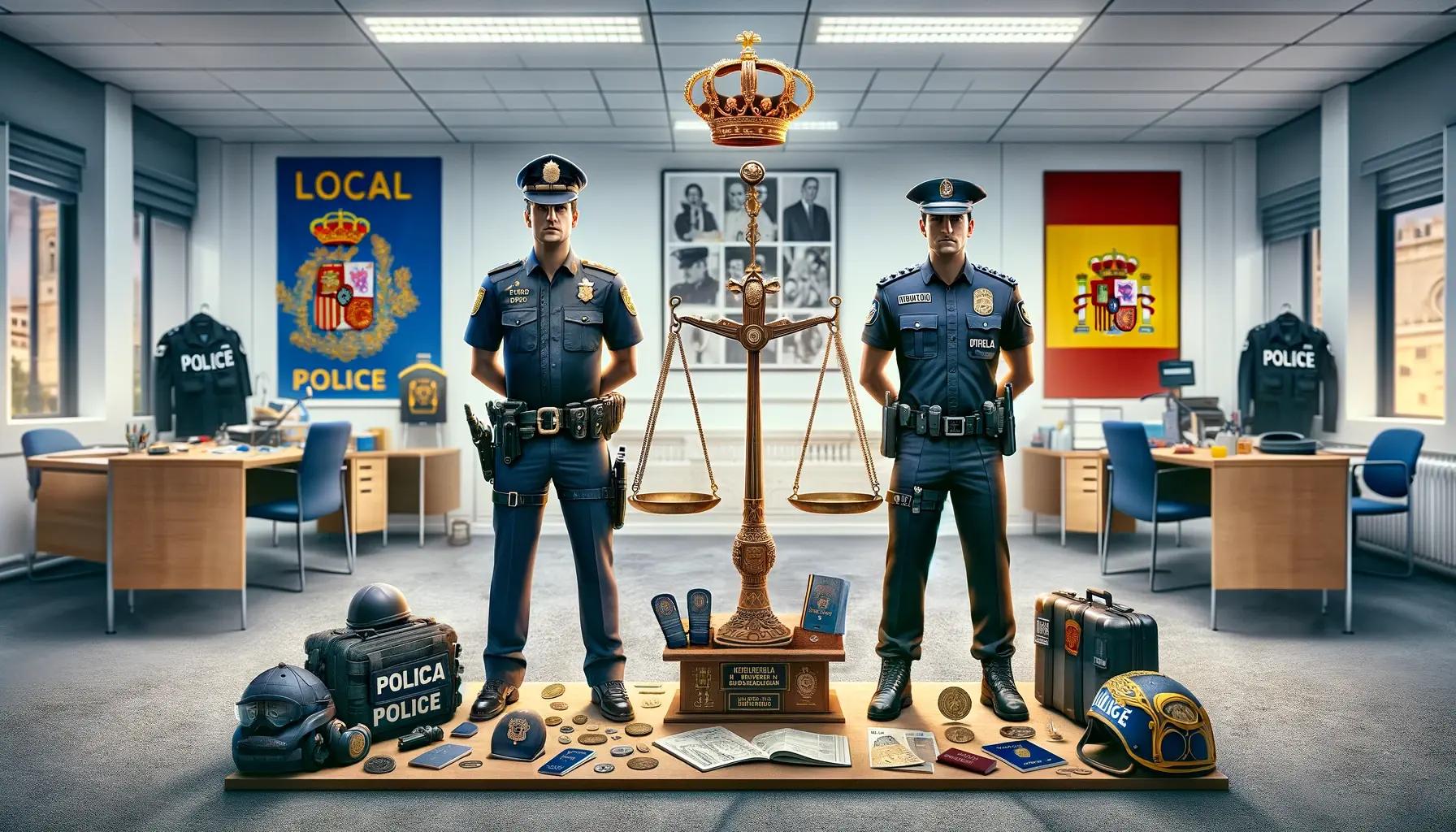 dos policías frente a cámara, con banderas detrás