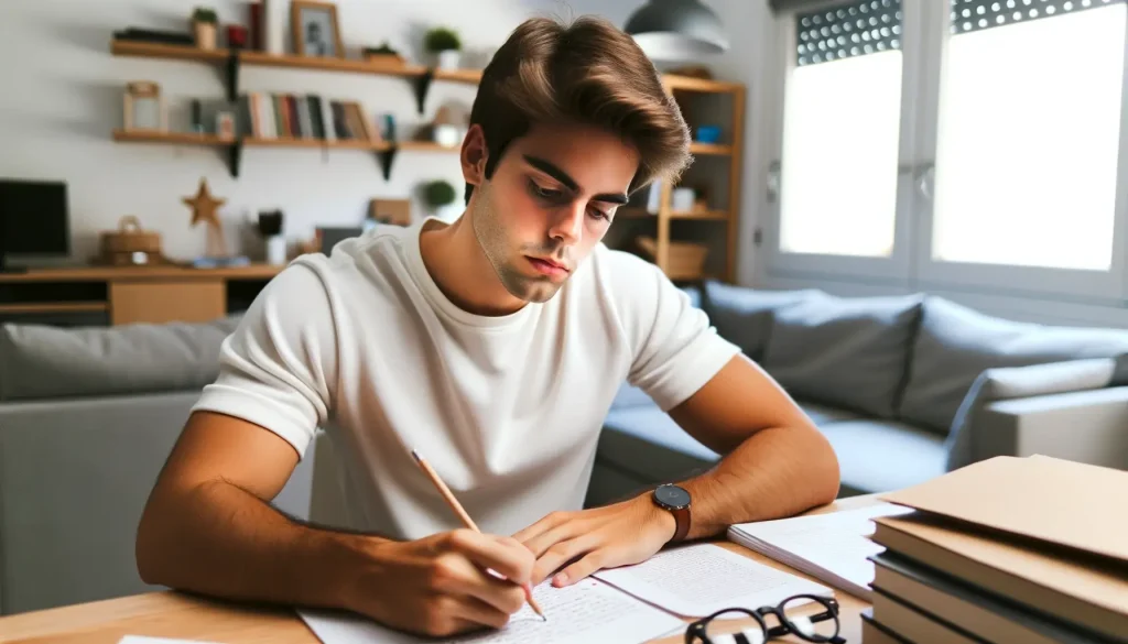 chico estudiando en su habitación el temario de policia local de madrid