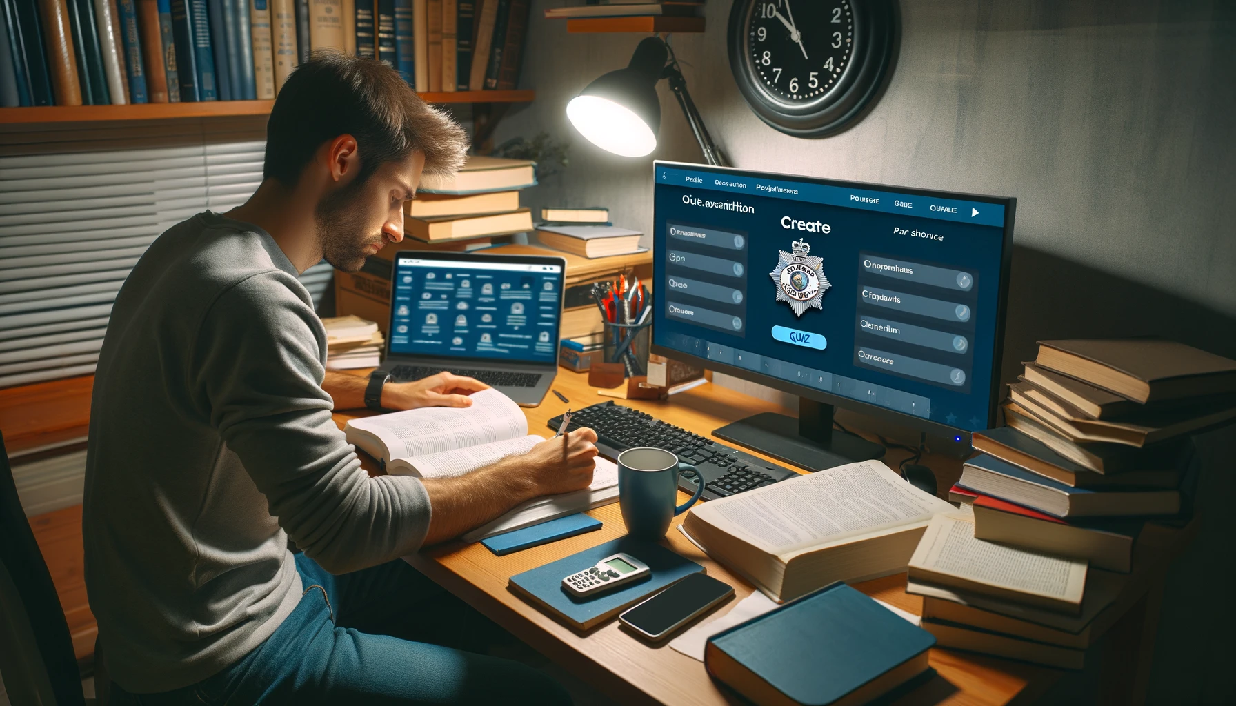 estudiante delante del ordenador haciendo un examen de policía